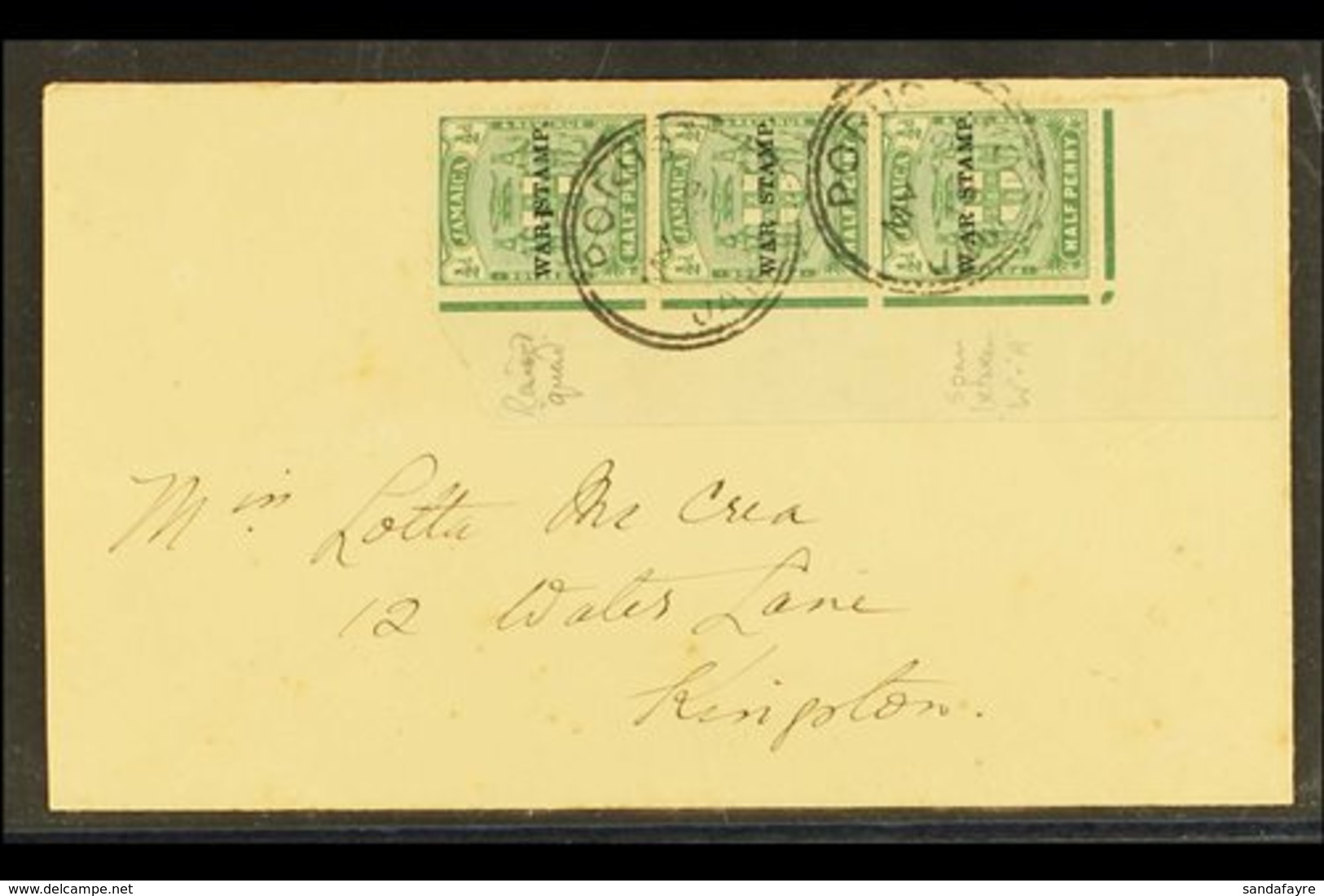 \Y 1916\Y ½d Green Ovptd "War Stamp", Superb Vertical Corner Strip Of 3 Showing "Raised Quad" And "Spaced W And A" Varie - Jamaïque (...-1961)