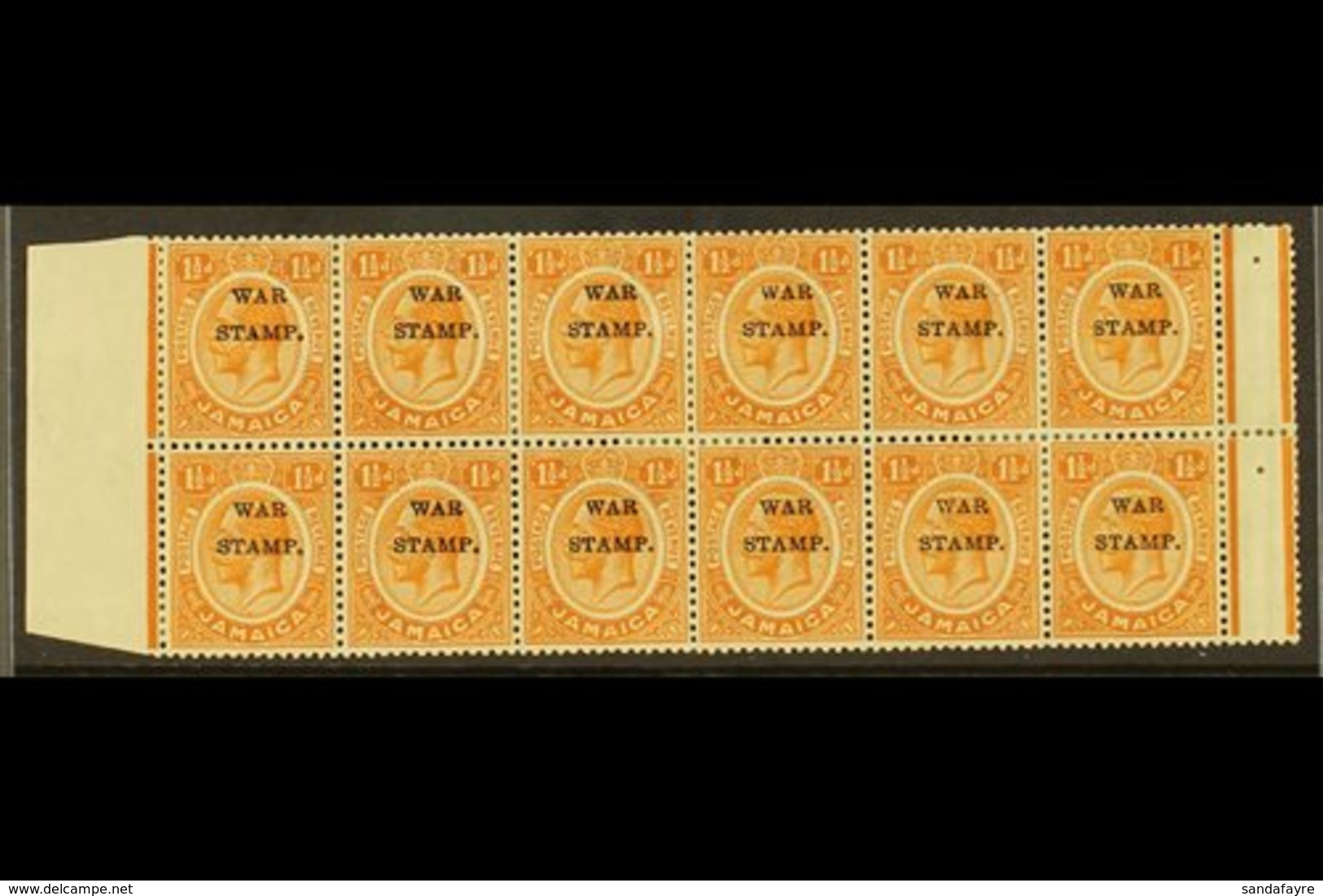 \Y 1916\Y 1½d Orange Overprinted "War Stamp", Marginal Interpannau Block Of 12, Variety "watermark Inverted", SG 71w, Fi - Jamaica (...-1961)