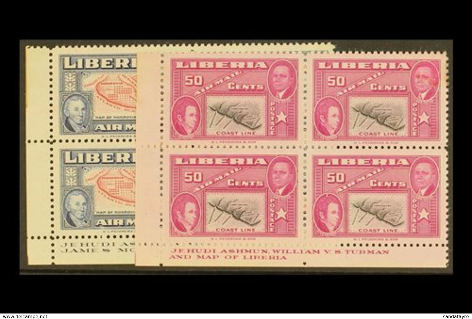 \Y 1952\Y 25c & 50c Airmails, ERROR OF COLOUR, Corner Imprint Locks Of Four, Scott , Gum Faults On Top Two Stamps Of Eac - Liberia