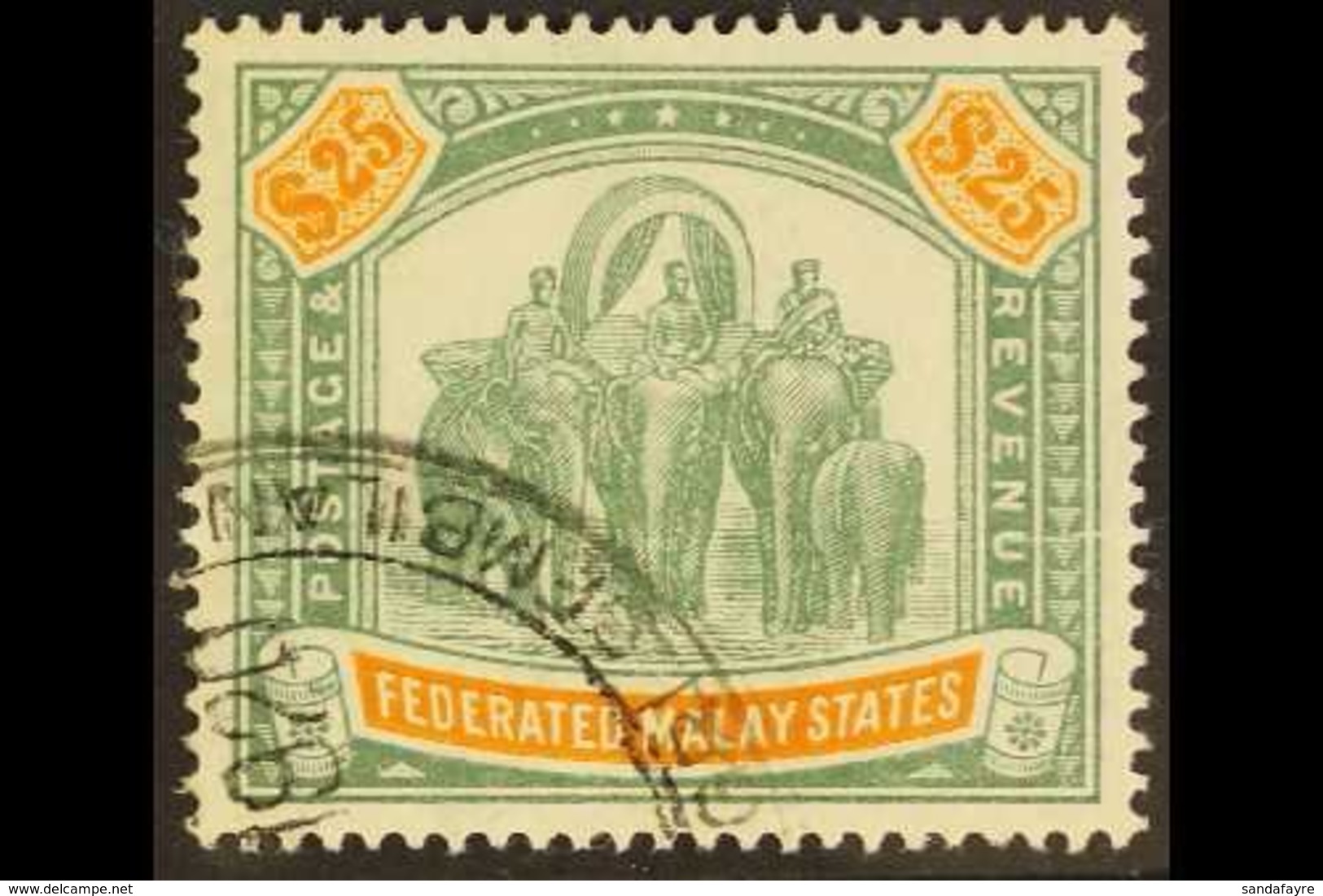 \Y FEDERATED STATES\Y 1909 $25 Green And Orange, "Elephants", SG 51, Neat Fiscal Cancel. For More Images, Please Visit H - Sonstige & Ohne Zuordnung