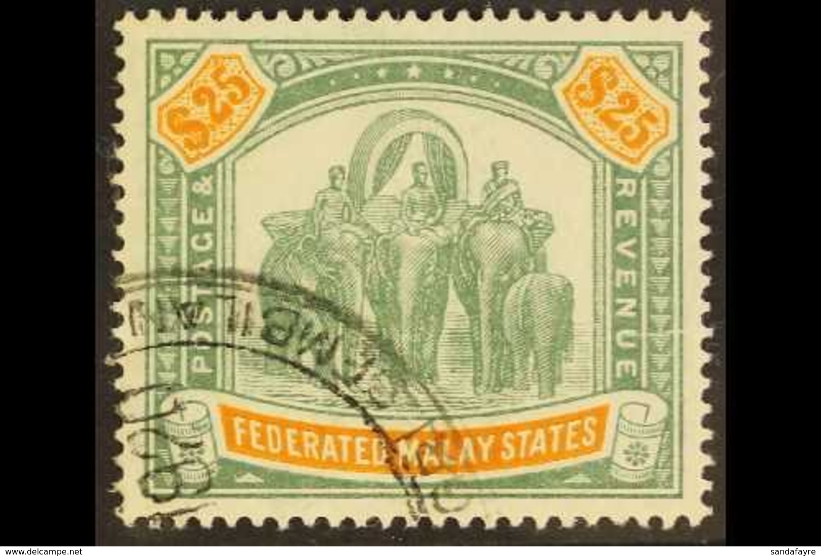 \Y FEDERATED STATES\Y 1909 $25 Green And Orange, "Elephants", SG 51, Neat Fiscal Cancel. For More Images, Please Visit H - Autres & Non Classés