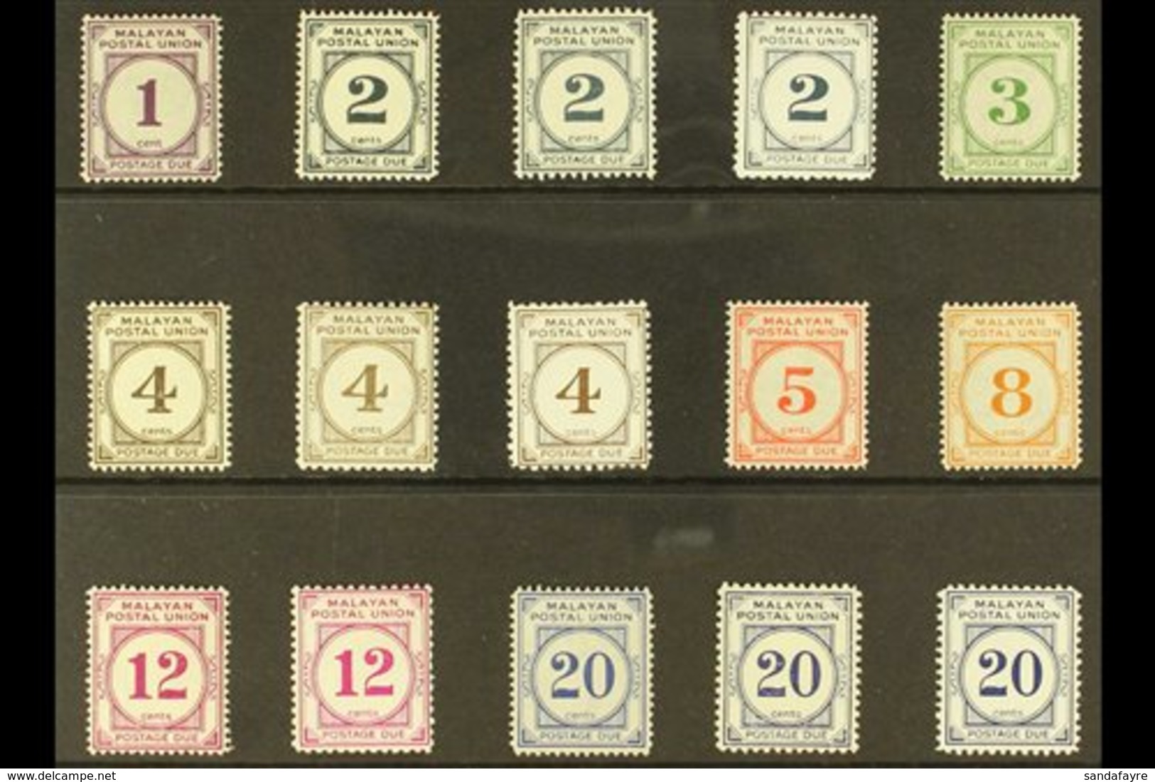 \Y MALAYAN POSTAL UNION\Y POSTAGE DUES 1951-63 Complete Set With All Perforation & Paper Types, SG D14/21, D15a/21a & D1 - Sonstige & Ohne Zuordnung