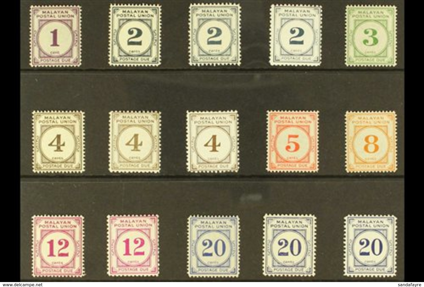 \Y MALAYAN POSTAL UNION\Y POSTAGE DUES 1951-63 Complete Set With All Perforation & Paper Types, SG D14/21, D15a/21a & D1 - Autres & Non Classés