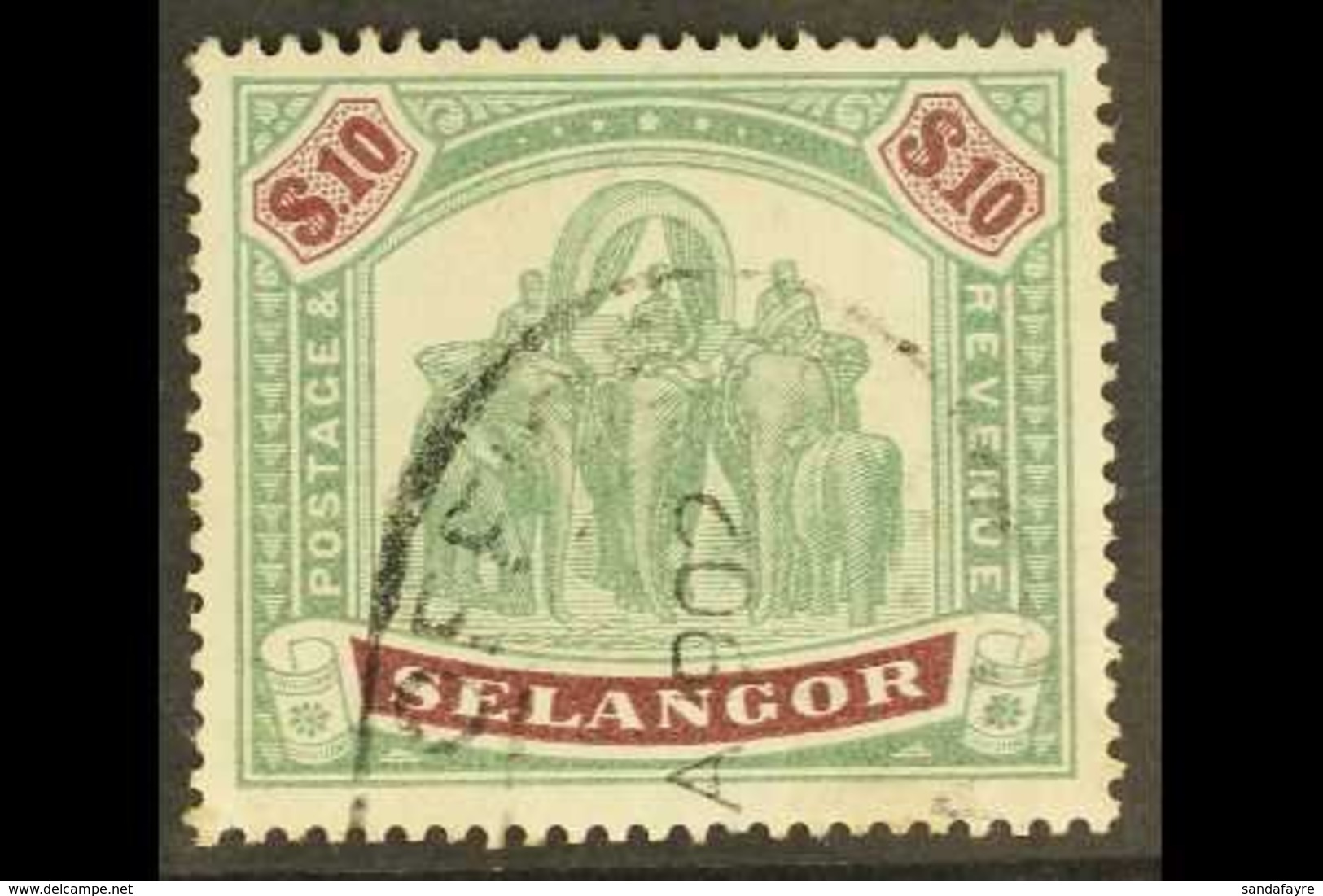 \Y SELANGOR\Y 1895-99 $10 Green & Purple Elephants, SG 65, Fine Used With Fiscal Cancel, Fresh Colours. For More Images, - Autres & Non Classés