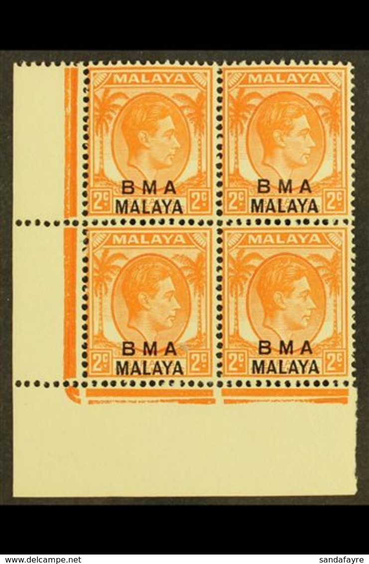 \Y 1945-48\Y 2c Orange Die I, SG 3, Superb Never Hinged Mint CORNER BLOCK OF FOUR. For More Images, Please Visit Http:// - Malaya (British Military Administration)