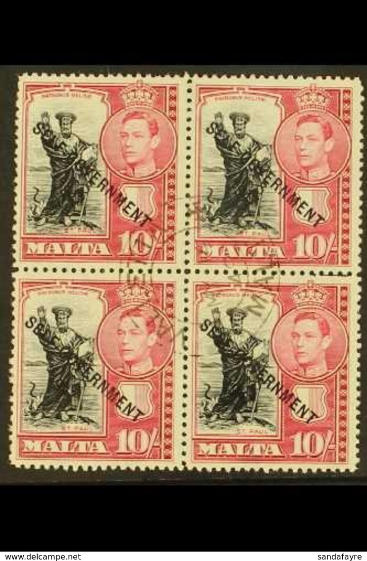 \Y 1948-53\Y 10s Black & Carmine Overprint, SG 248, Fine Cds Used BLOCK Of 4 With Superb Cds Cancel At The Centre, Very  - Malta (...-1964)