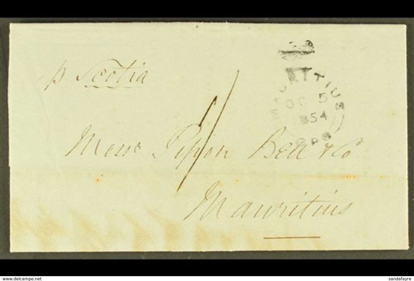 \Y 1854 "SUGAR" ENTIRE\Y 1854 (5 OCT) Local Stampless Entire Letter With Manuscript "1/" Rate And With "MAURITIUS / OC 5 - Mauritius (...-1967)