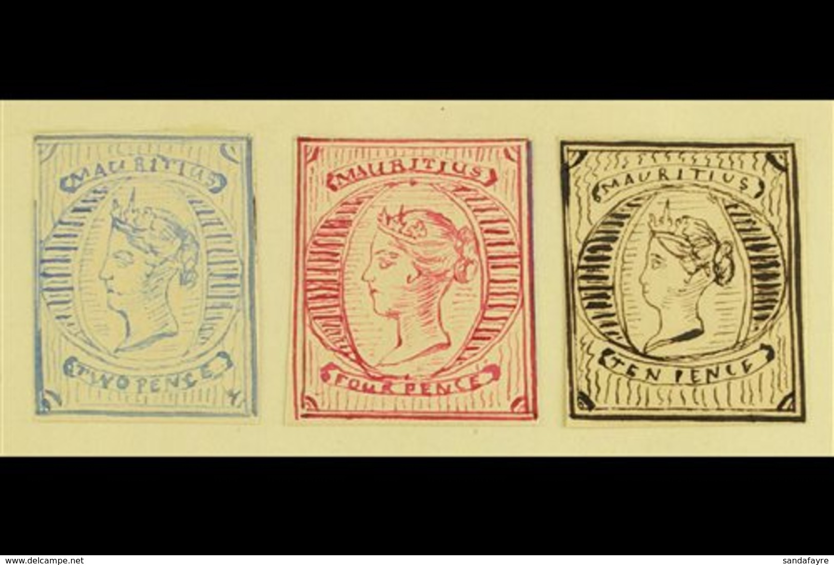 \Y 1861 HAND PAINTED STAMPS\Y Unique Miniature Artworks Created By A French "Timbrophile" In 1861. Three Stamps With Cen - Mauritius (...-1967)