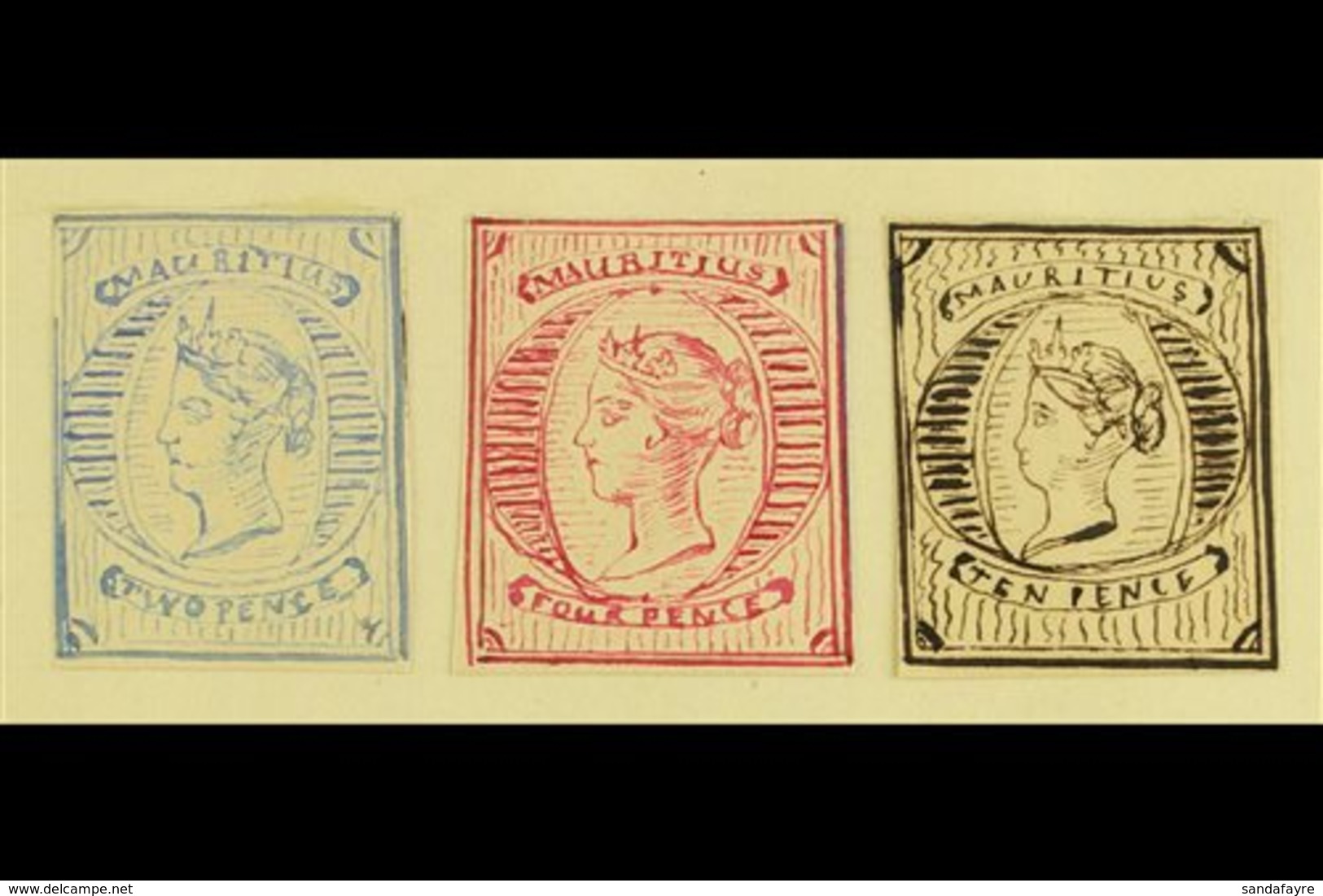 \Y 1861 HAND PAINTED STAMPS\Y Unique Miniature Artworks Created By A French "Timbrophile" In 1861. Three Stamps With Cen - Maurice (...-1967)