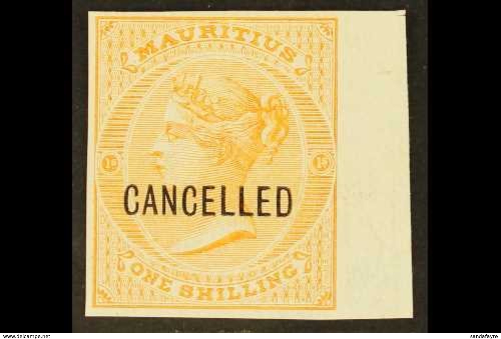 \Y 1863\Y 1s Yellow, IMPERFORATE PROOF, "CANCELLED" Ovpt, As SG 68, On Thick, White, Ungummed Paper, Four Margins (with  - Maurice (...-1967)