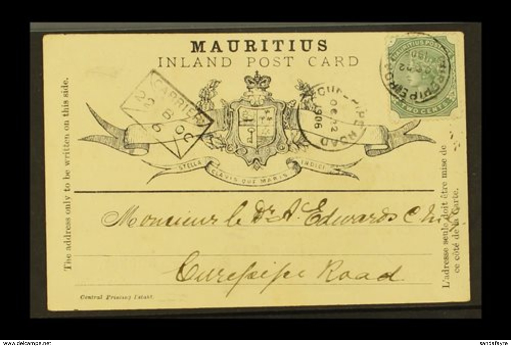 \Y 1906\Y (22 Oct) Formular Card With QV 2c Green Adhesive Tied By Curepipe Road Cds; Alongside "envelope" Carrier Cache - Mauritius (...-1967)