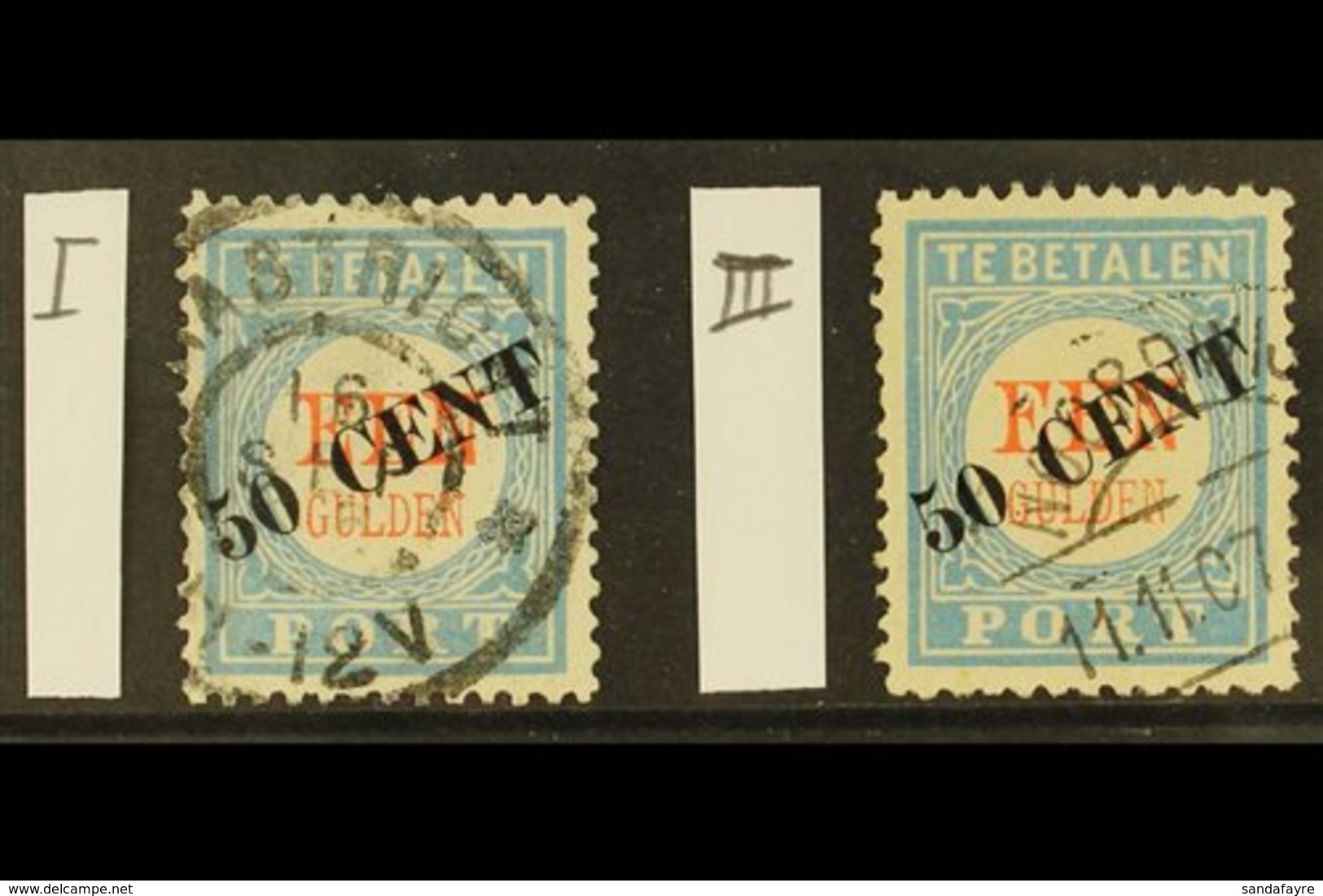 \Y POSTAGE DUES\Y 1906-10 50c On 1g Pale Blue & Red Surcharges Types I & III (NVPH P28 I & III, SG D214 & D214b, Michel  - Other & Unclassified