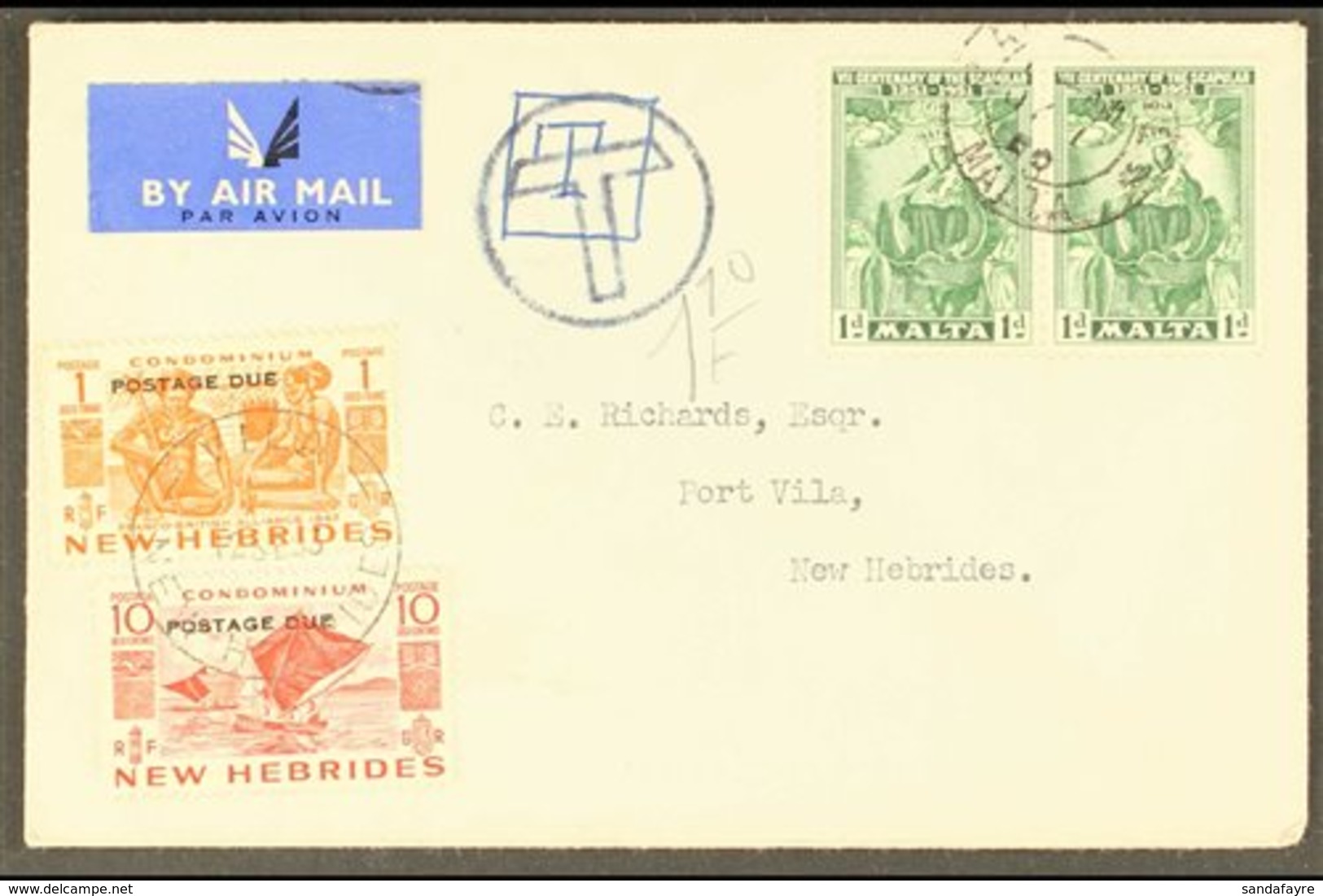 \Y ENGLISH 1953 POSTAGE DUE\Y (Sept) Cover From Malta To Port Vila, Bearing 10c And 1f SG D12 & 15 Tied Vila Cds, Circul - Other & Unclassified