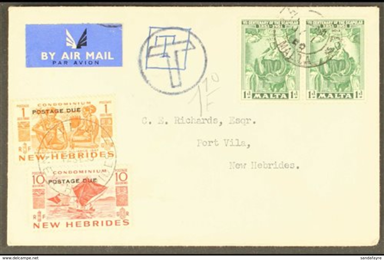 \Y ENGLISH 1953 POSTAGE DUE\Y (Sept) Cover From Malta To Port Vila, Bearing 10c And 1f SG D12 & 15 Tied Vila Cds, Circul - Autres & Non Classés