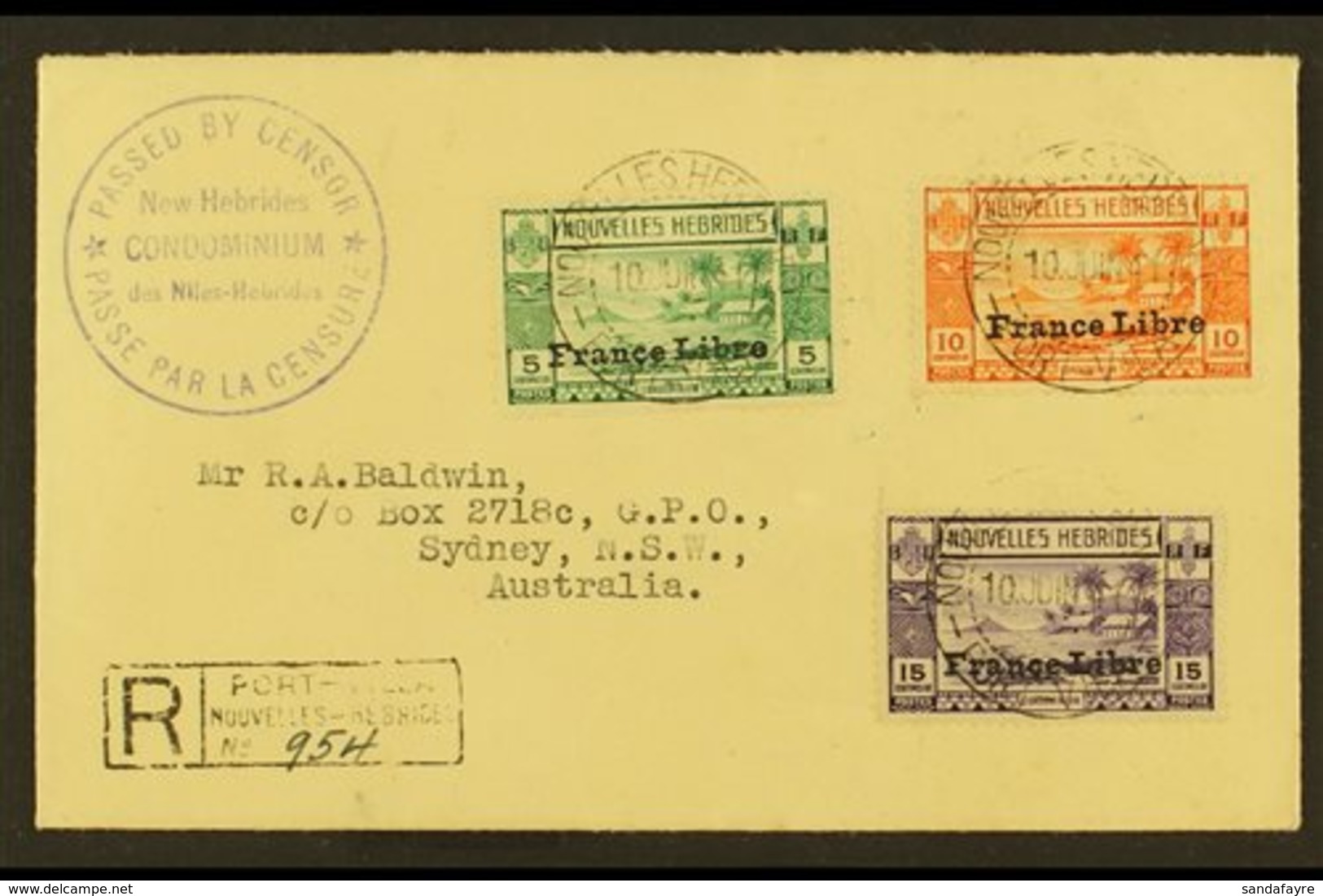 \Y FRENCH\Y 1941 (10 June) Registered Censored Cover To Australia Bearing 1941 5c, 10c & 15c "France Libre" Overprints ( - Other & Unclassified