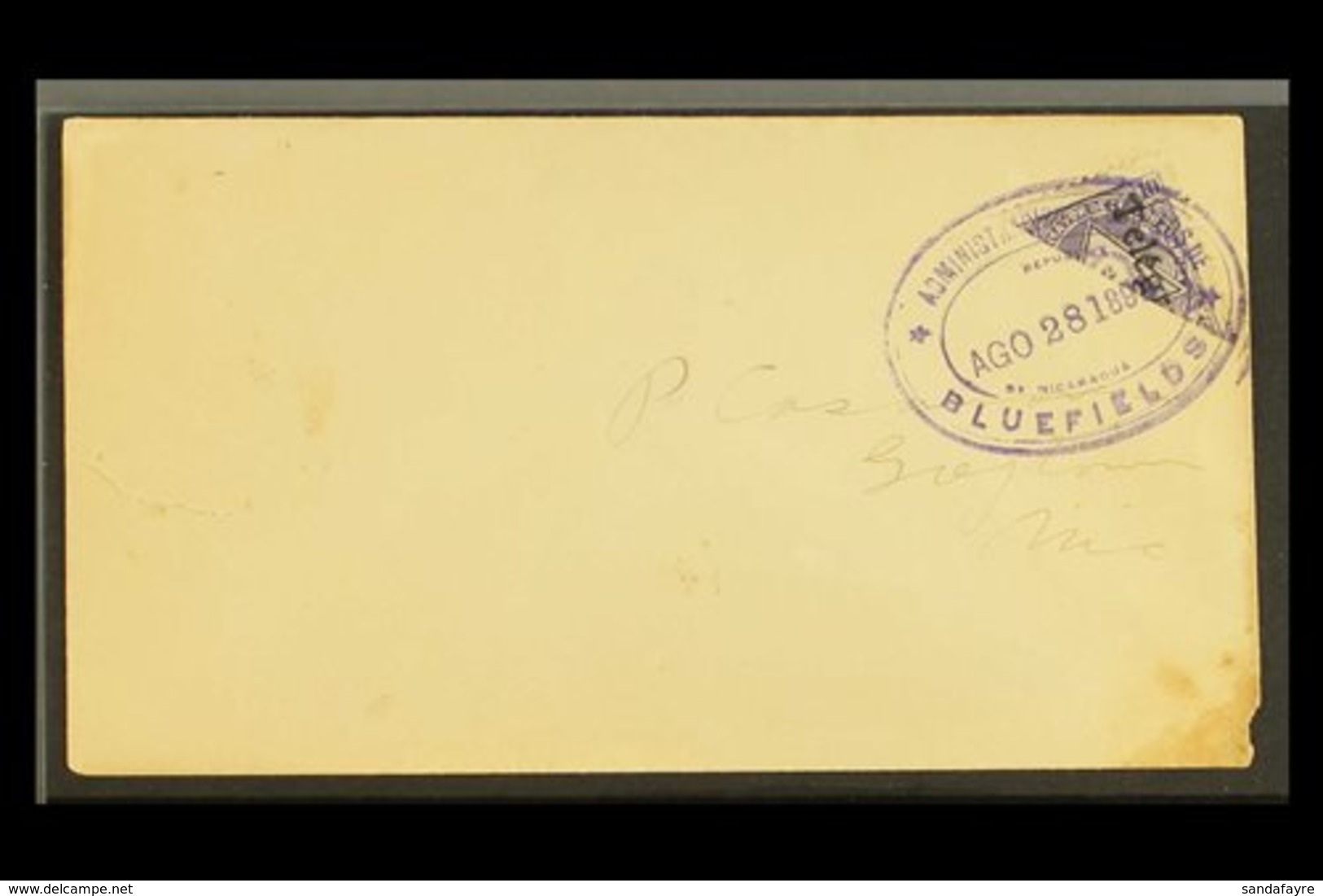 \Y 1899\Y (Aug 24) Cover To Greytown Bearing 1898 10c Violet Telegraph BISECT Tied By Bluefields Violet Oval Datestamp;  - Nicaragua