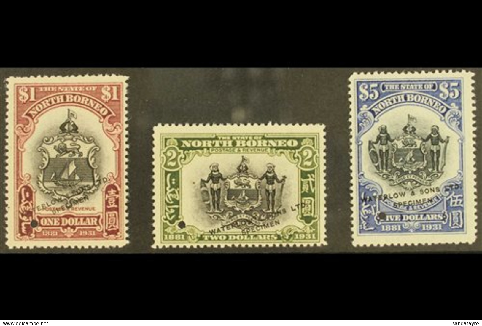 \Y 1931\Y $1, $2 & $5 BNBC Coat Of Arms Stamps In SAMPLE TRIAL COLOURS With Centers In Black And Frames In Unissued Purp - North Borneo (...-1963)