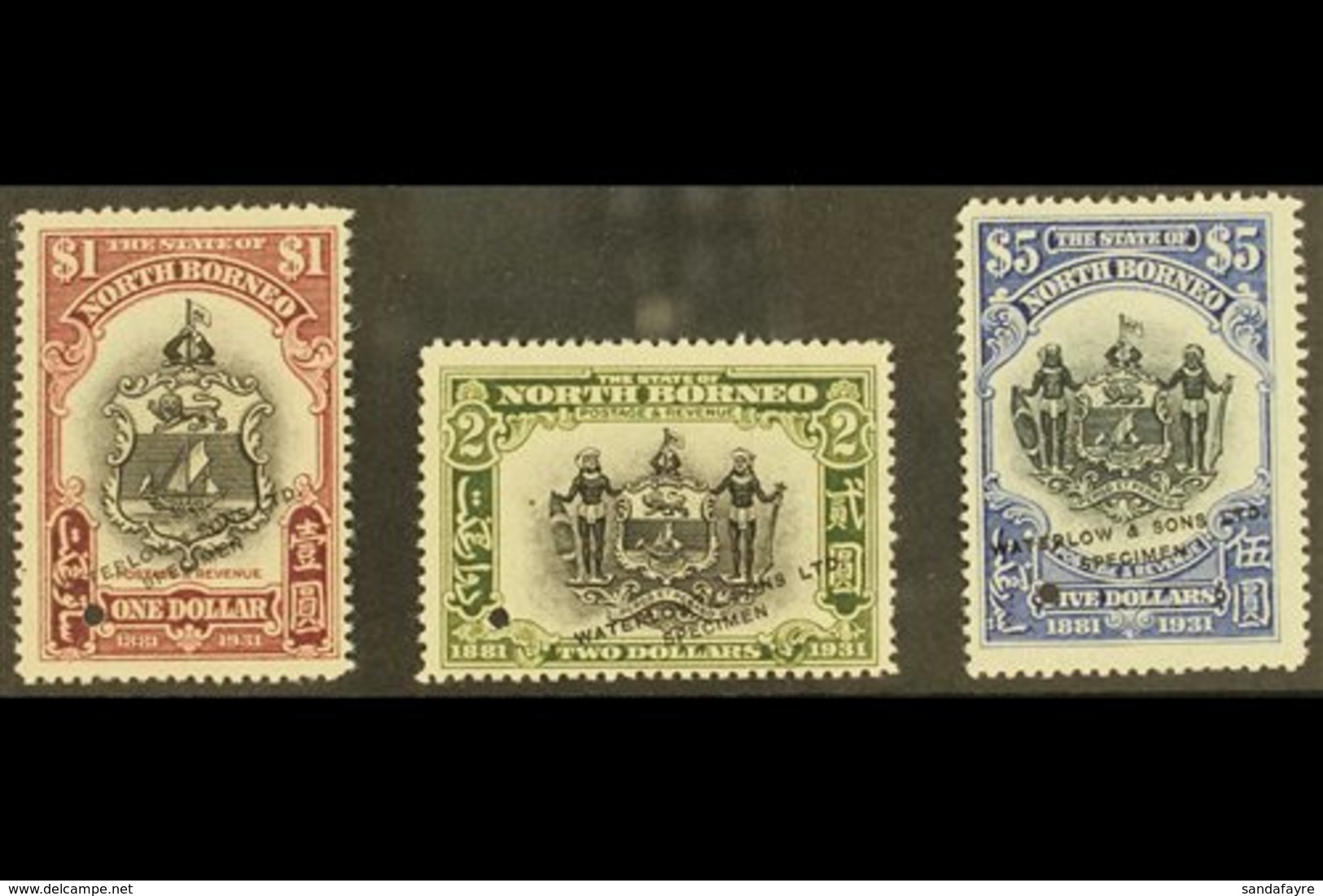 \Y 1931\Y $1, $2 & $5 BNBC Coat Of Arms Stamps In SAMPLE TRIAL COLOURS With Centers In Black And Frames In Unissued Purp - Bornéo Du Nord (...-1963)