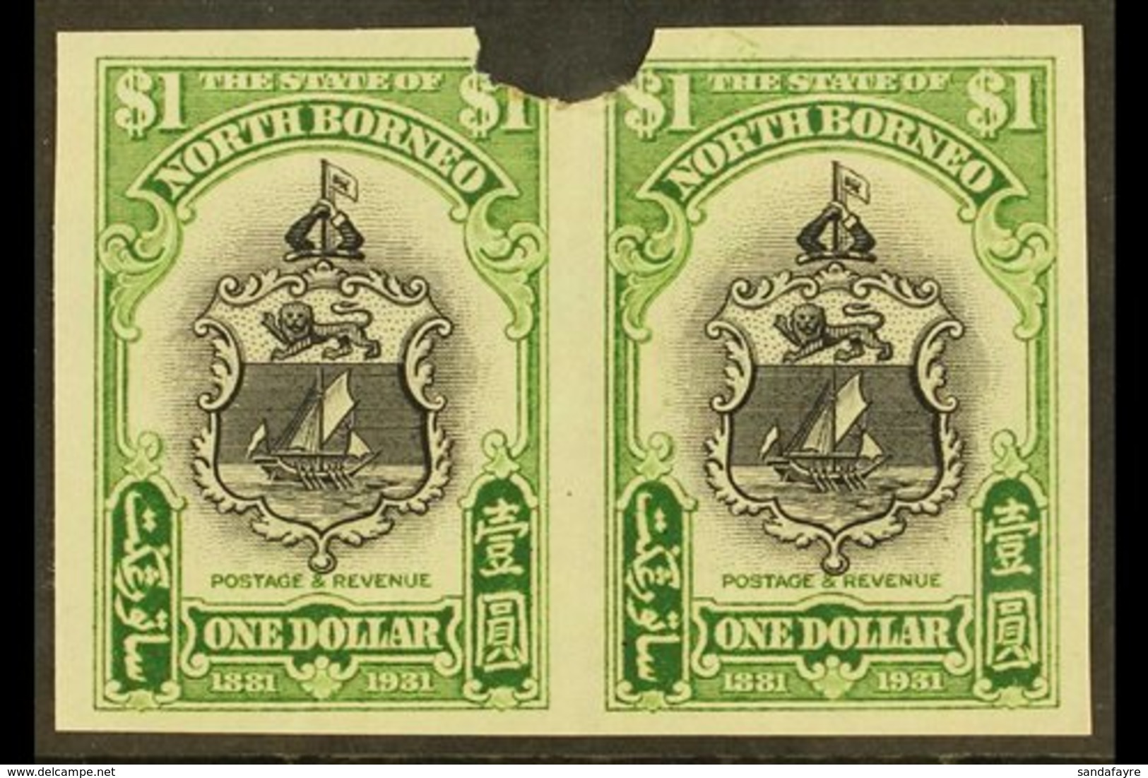 \Y 1931 IMPERF PLATE PROOFS.\Y 1931 $1 Black & Yellow-green 'Badge Of The Company' (SG 300) Horizontal IMPERF PLATE PROO - Bornéo Du Nord (...-1963)