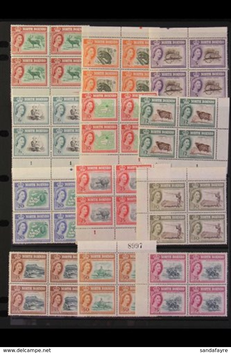 \Y 1961\Y Definitive Set To 75c, SG 391/402, In BLOCKS OF FOUR, Very Fine Never Hinged Mint. (12 Blocks = 48 Stamps) For - Bornéo Du Nord (...-1963)