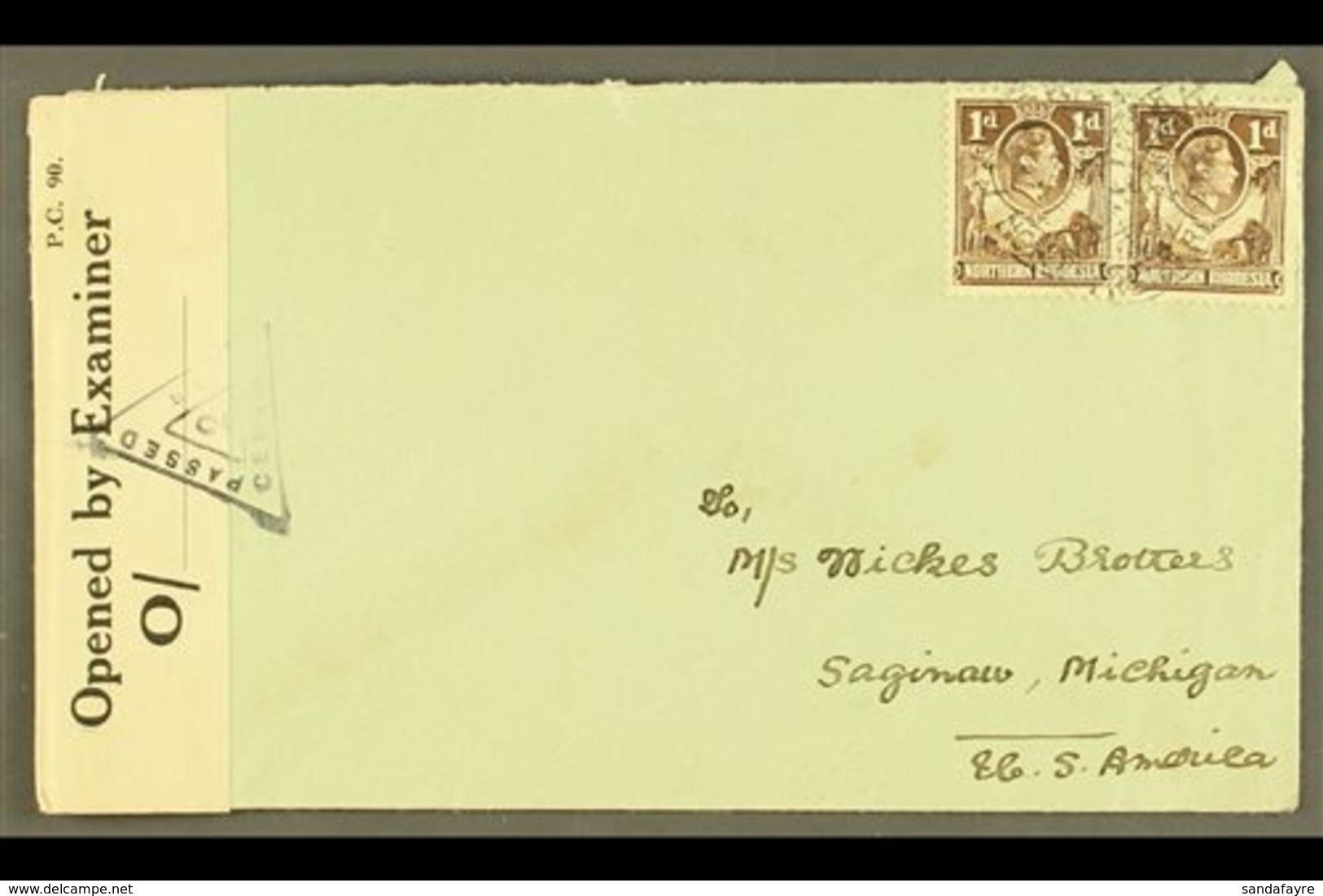 \Y 1942\Y (March) Envelope To USA, Bearing 1d Brown Pair, Tied Luasaka Cds's, And At Left Opened By Examiner Reseal Tape - Nordrhodesien (...-1963)