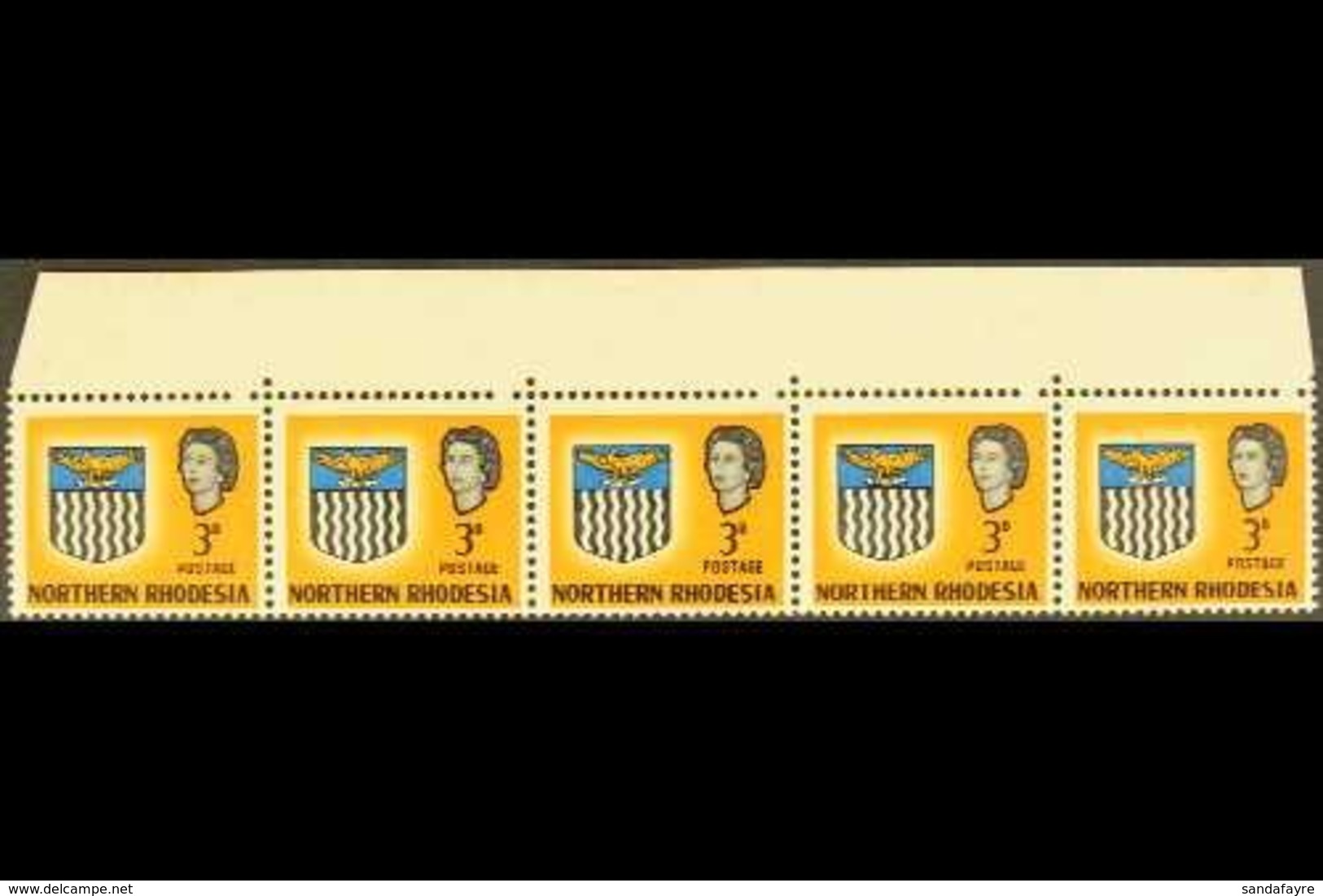 \Y 1963\Y 3d Yellow, Horizontal Strip Of 5 From Top Margin With MISSING PERF HOLE Above Every Stamp, SG 78, Gum Slightly - Nordrhodesien (...-1963)