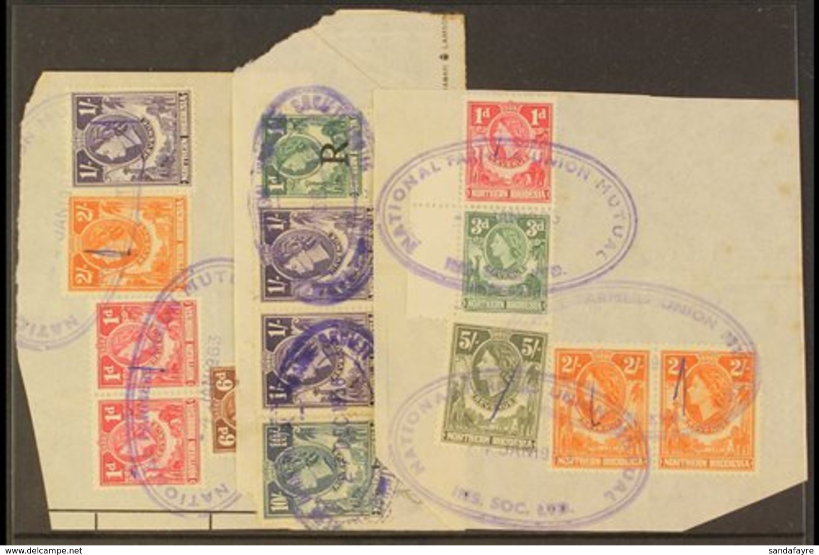 \Y REVENUES\Y 1955 Values Used On Piece, Includes All Values To 2s, Plus 5s & 10s In Various Combinations On Three Piece - Rhodésie Du Nord (...-1963)