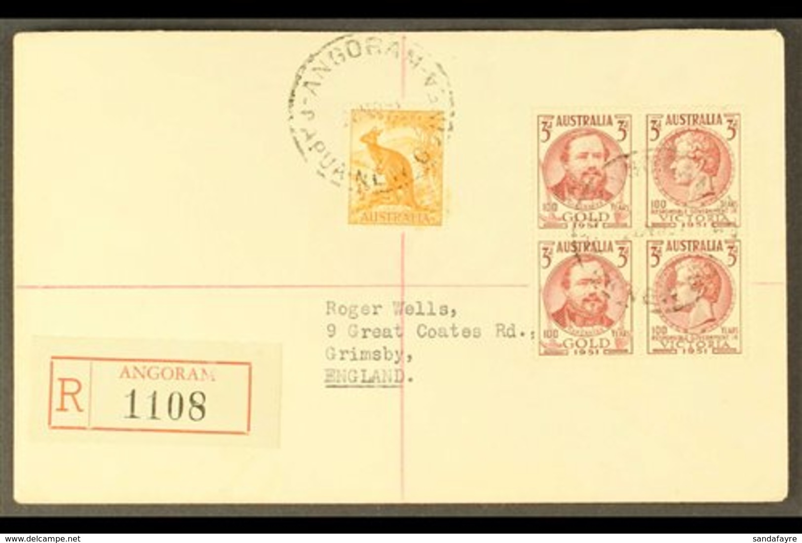 \Y 1951\Y (Nov) Cover To England Bearing Australia ½d Roo And 3d Centenary Block Of Four Tied By ANGORAM Cds's, Alongsid - Papua-Neuguinea