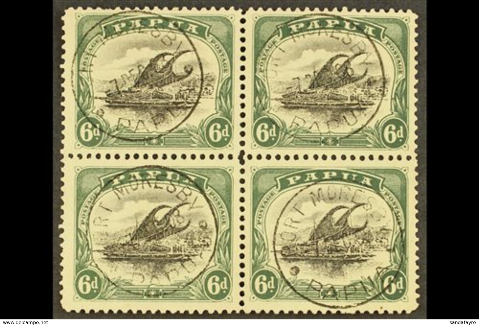 \Y 1907-98\Y Small Papua, Watermark Upright Perf 11 6d Black And Myrtle Green, SG 53, Superb Cds Used Block Of Four, Por - Papua-Neuguinea