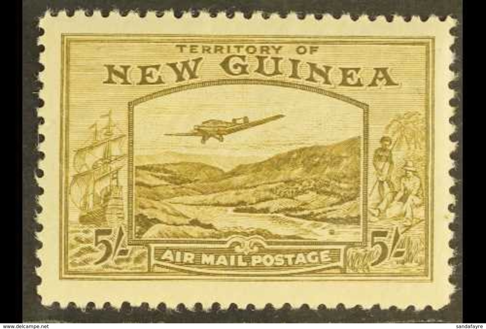 \Y 1939\Y 5s Olive-brown Air "Bulolo Goldfields", SG 223, Very Fine Mint, Only Very Lightly Hinged. For More Images, Ple - Papua-Neuguinea
