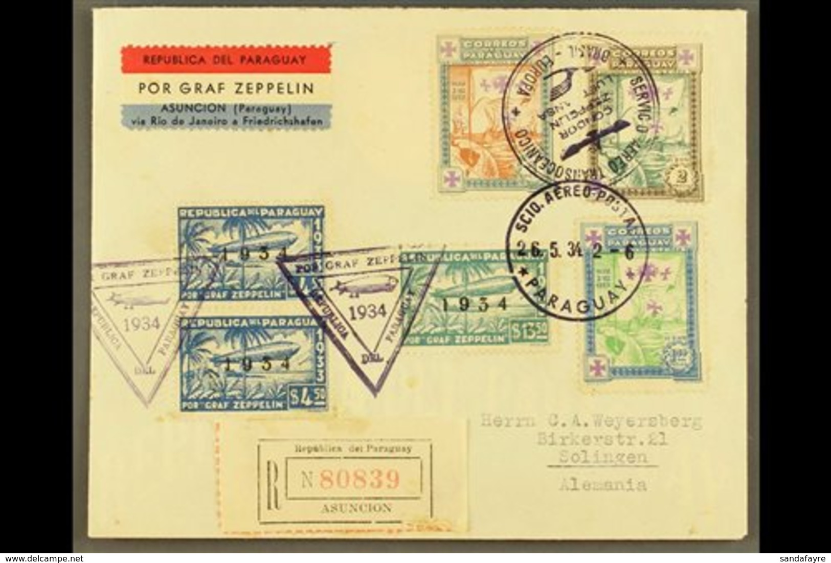 \Y 1934\Y Registerd Air Letter To Germany Franked 1p, 1p50 And 2p "Flag" Stamps Tied Various Cds Cancels Incl Condor, Lu - Paraguay