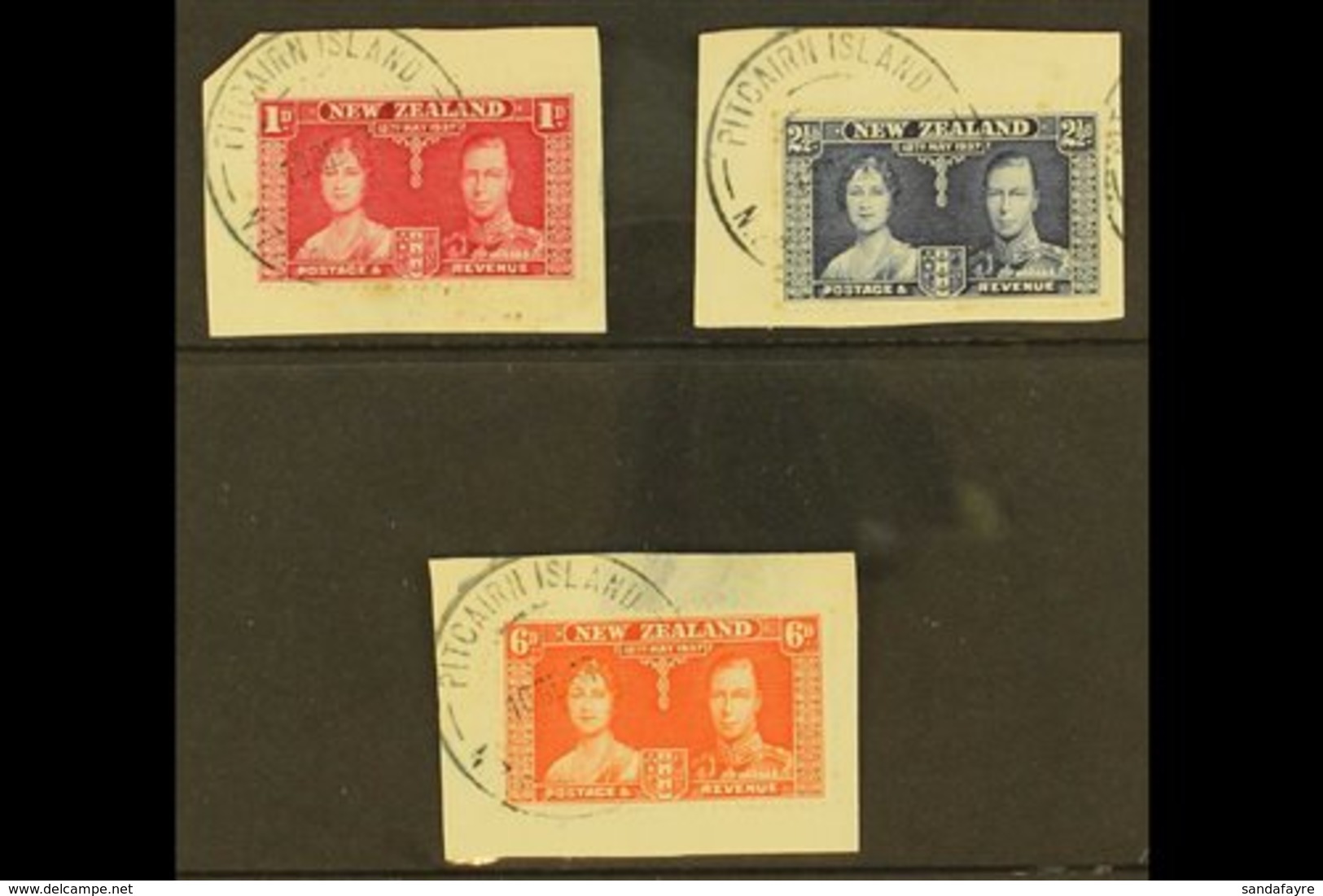 \Y 1937\Y 1d, 2½d, And 6d Coronation Complete Set Of New Zealand, Each On Piece Tied By Fine Near Complete "PITCAIRN ISL - Pitcairn Islands