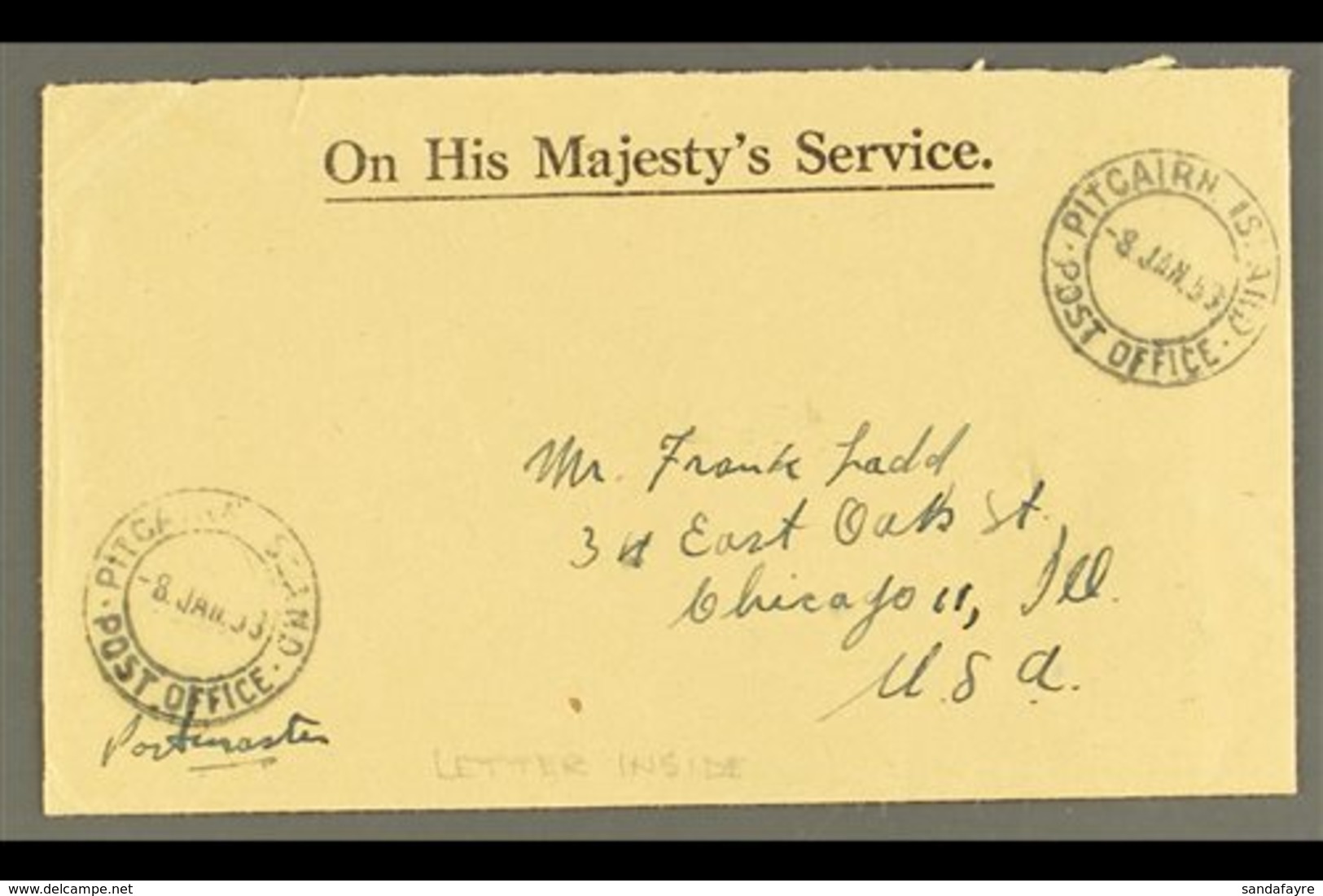 \Y 1953\Y (8 Jan) Stampless Printed 'OHMS' Envelope To Chicago With Two Fine Strikes Of "Pitcairn Island Post Office" Cd - Pitcairn Islands