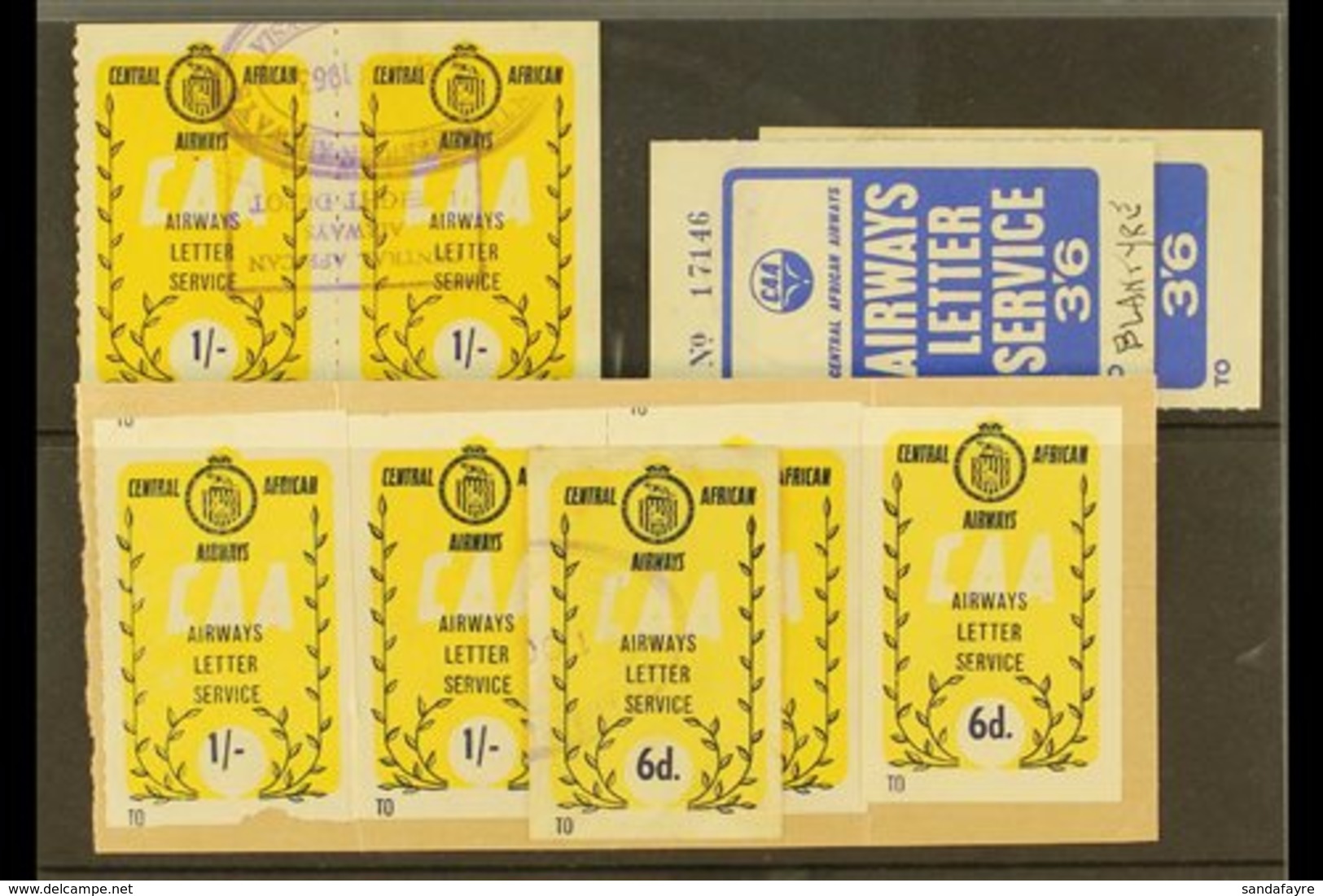 \Y CENTRAL AFRICAN AIRWAYS\Y Airways Letter Service Labels Group Incl. Blue On Yellow 6d & 1s Values, Plus 3s6d Blue Lab - Rhodesia & Nyasaland (1954-1963)