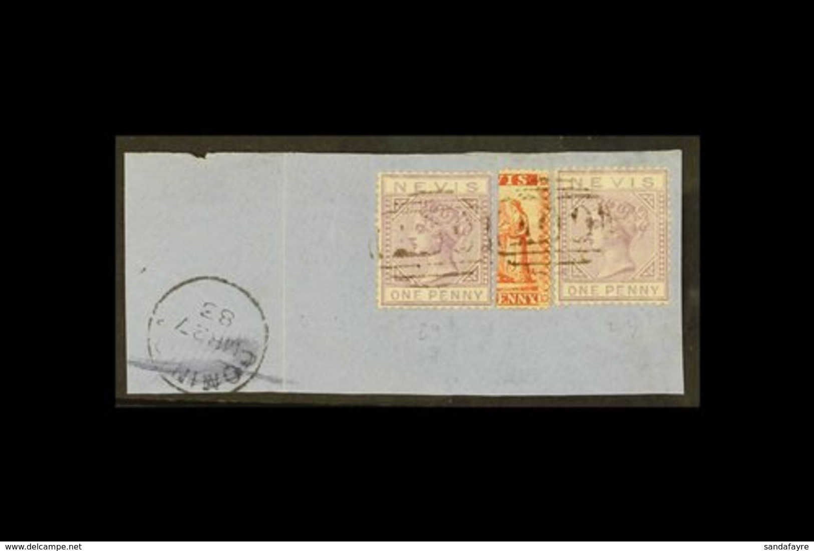 \Y 1883\Y An Attractive Cover Piece Bearing 1d Vermilion-red Vertical Bisect, SG 17a, And 1d 1d Lilac-mauve X2, Tied AO9 - St.Christopher-Nevis-Anguilla (...-1980)