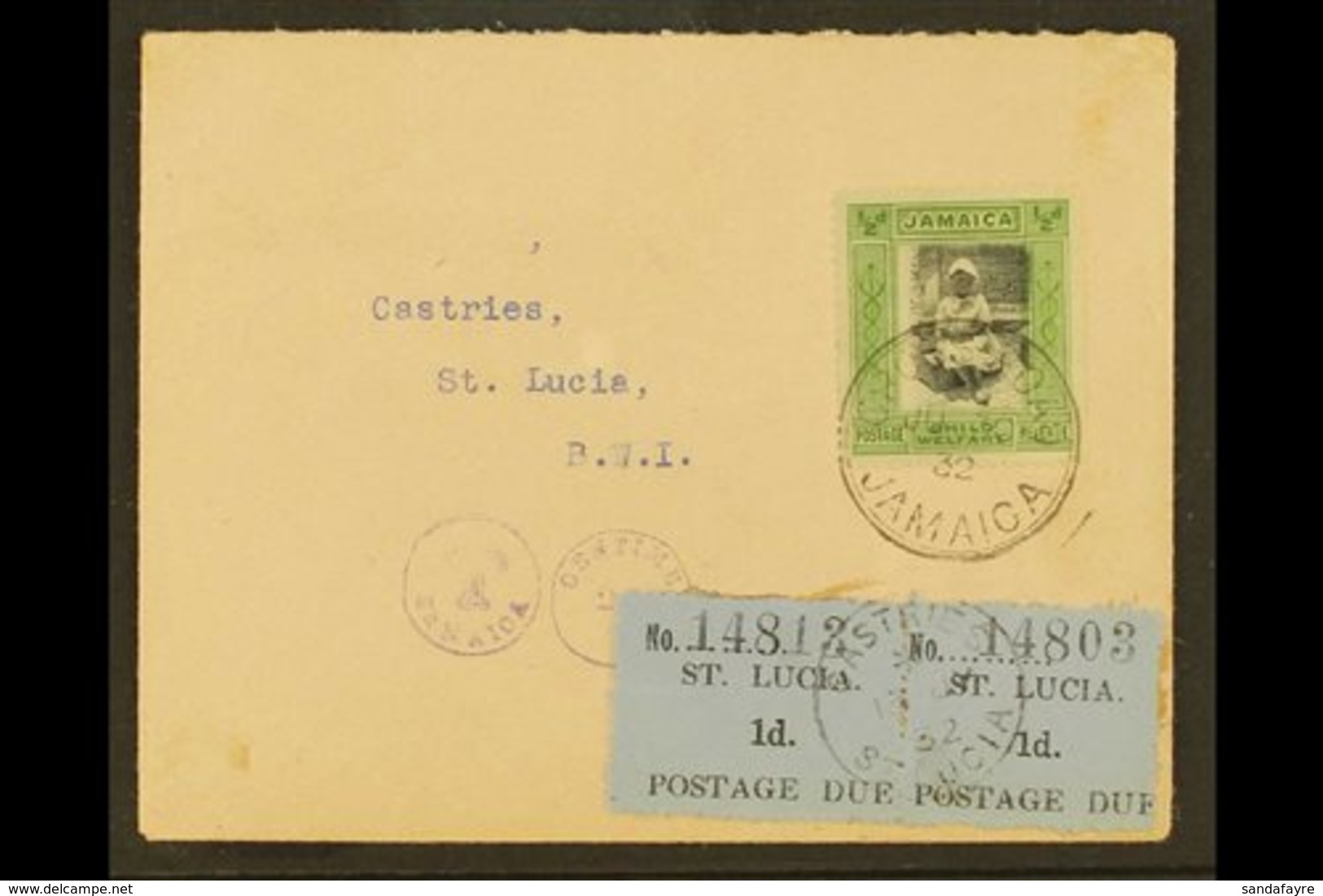 \Y 1932 POSTAGE DUE COVER\Y 1930 (30 June) Cover From Jamaica To Castries Bearing 1923 ½d + ½d Child Welfare Tied By Cro - Ste Lucie (...-1978)