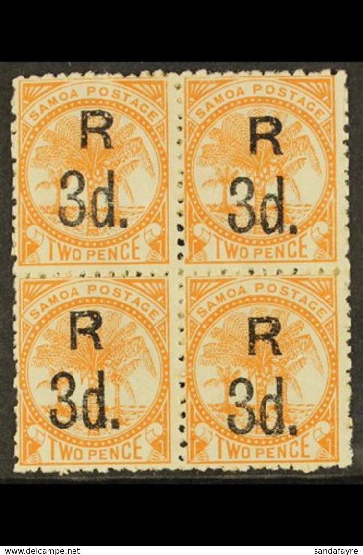 \Y 1895\Y 3d On 2d Dull Orange, Perf 12x11½, SG 74, Mint BLOCK OF 4, Some Heavy Hinging / Re-enforcement. Scarce Multipl - Samoa