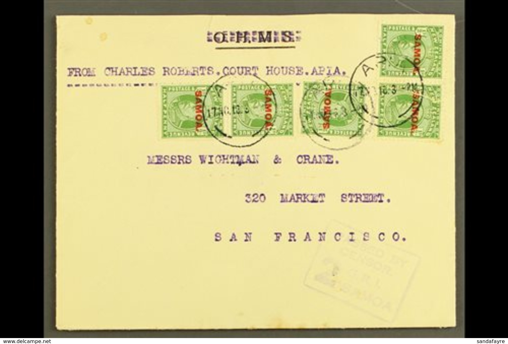 \Y 1916\Y Official Cover With "O.H.M.S." Obliterated To USA, Franked ½d X5, SG 115, Apia 17.11.16 Postmarks, Censor "2"  - Samoa
