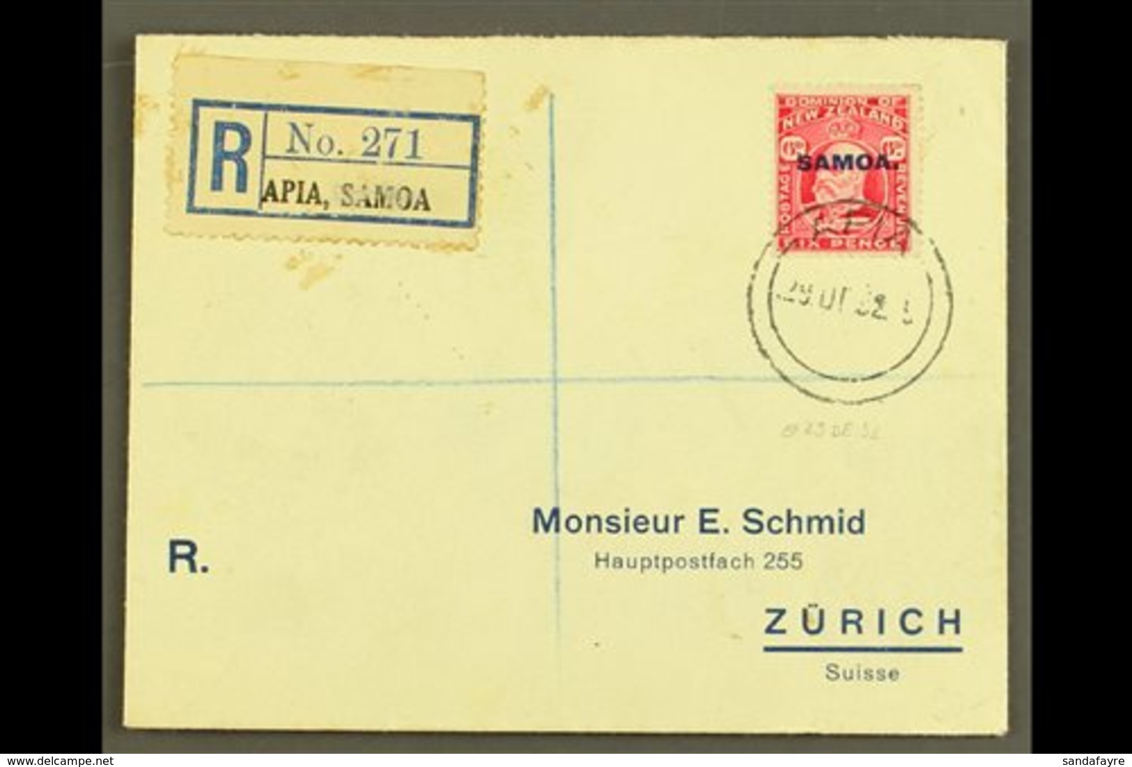 \Y 1932\Y 6d Carmine, SG 119, Single Franking On Neat Printed, Registered Envelope To Switzerland, Tied By Apia 29.12.32 - Samoa (Staat)