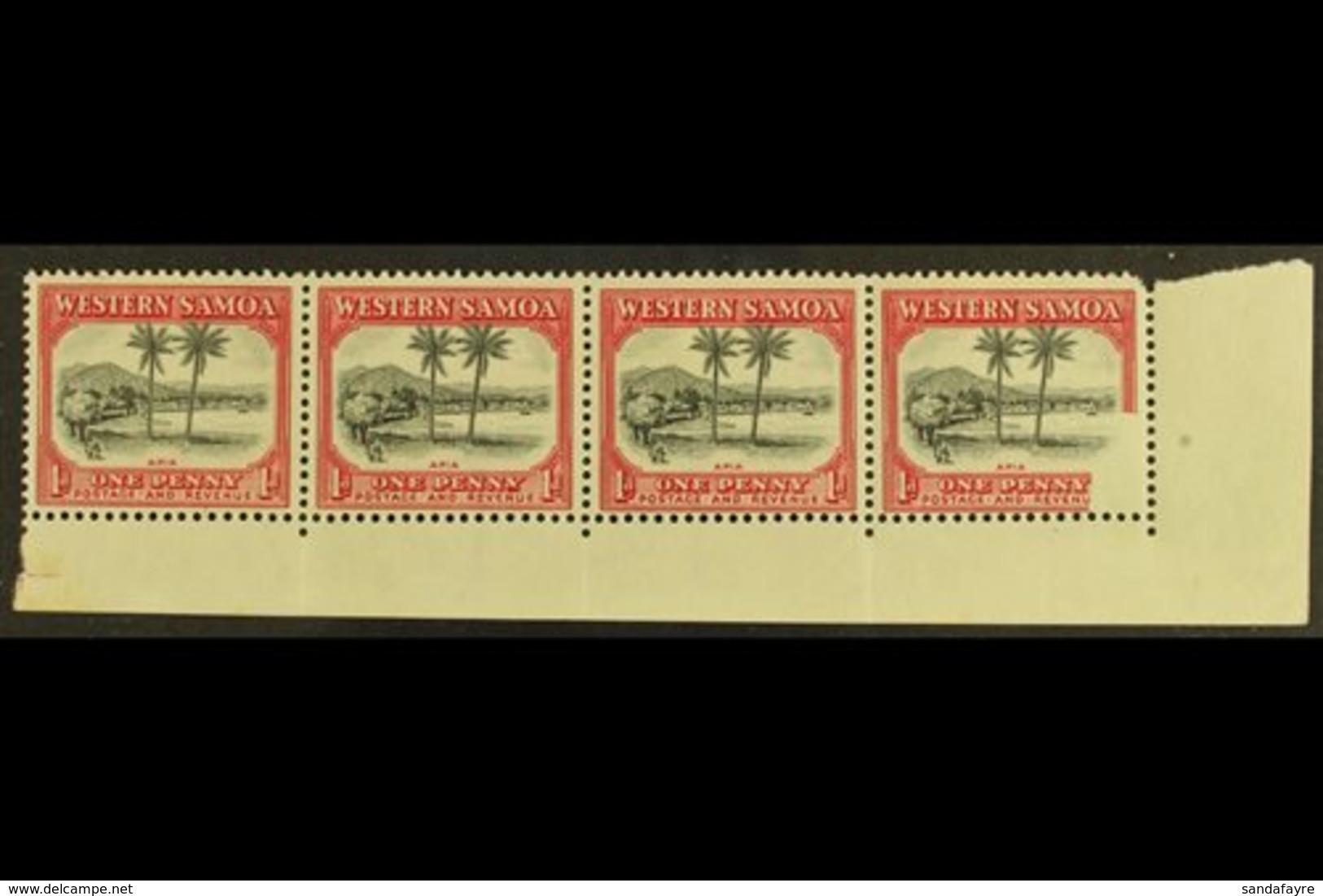 \Y 1935\Y Definitive 1d Black And Carmine, SG 181, Fine Mint Corner Marginal Strip Of Four, The Corner Stamp (never Hing - Samoa