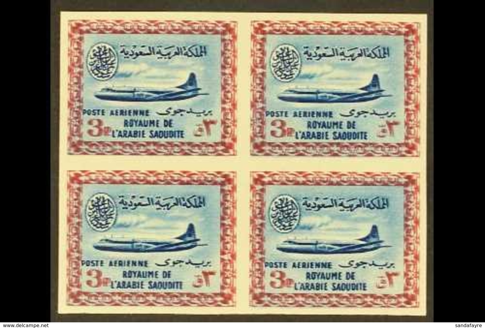 \Y 1961\Y 3p Blue And Pale Claret Air, Vickers Viscount, Imperf Block Of 4, Variety "frame Printed Double", As SG 430var - Arabie Saoudite