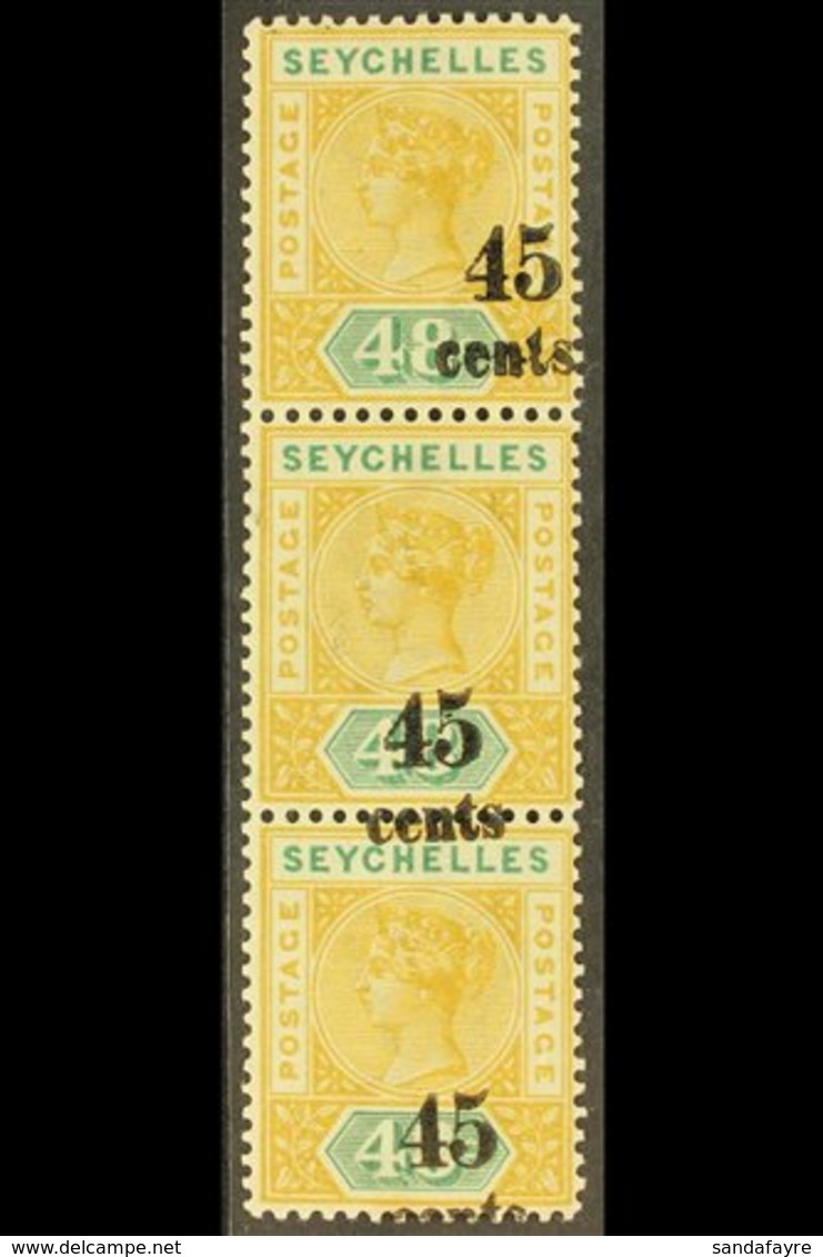 \Y 1893\Y  45c On 48c. Ochre And Green, SG 20, Vertical Strip Of Three Showing Grossly Misplaced Surcharges, Never Hinge - Seychellen (...-1976)