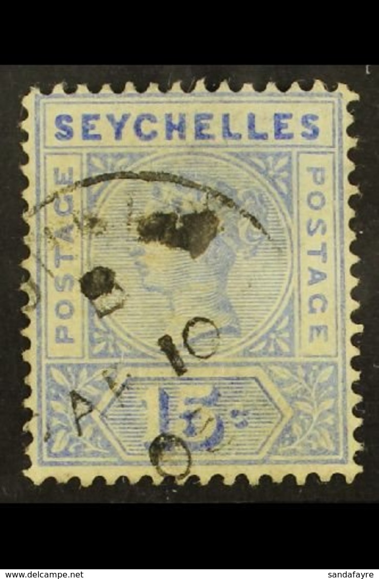 \Y 1897-1900\Y 15c Ultramarine, Repaired "S", SG 30, Fine Cds Used. For More Images, Please Visit Http://www.sandafayre. - Seychellen (...-1976)