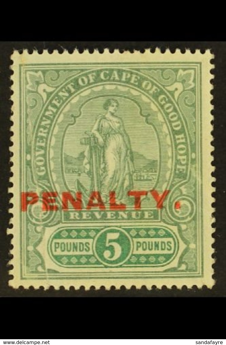 \Y CAPE OF GOOD HOPE\Y REVENUE - 1911 £5 Green & Green, Standing Hope Ovptd "PENALTY" Barefoot 11, Couple Of Vertical Cr - Non Classés