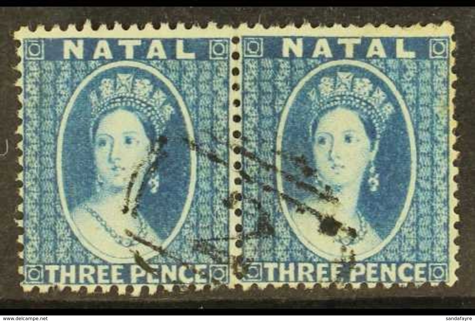 \Y NATAL\Y 1859-60 3d Blue No Watermark Perf 14, SG 10, Fine Used Horizontal Pair. For More Images, Please Visit Http:// - Non Classés