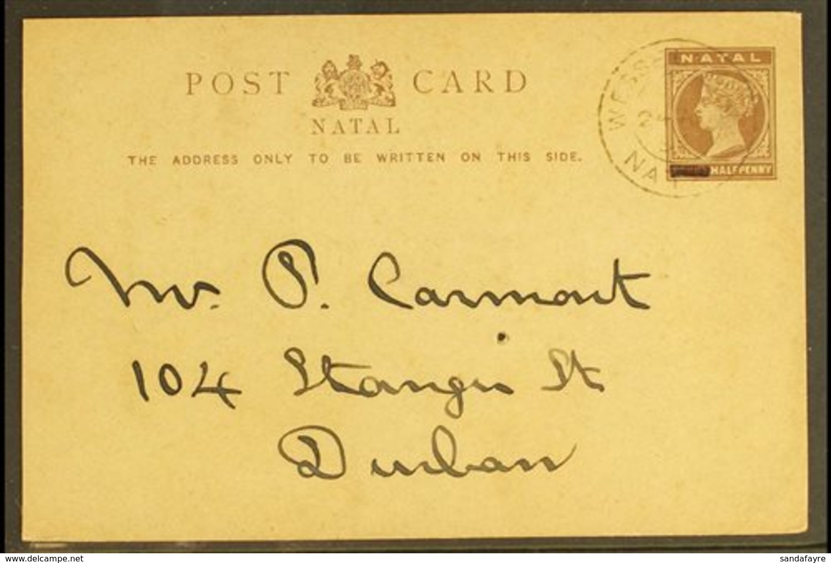 \Y NATAL\Y 1894 (24th Aug) ½d Stationery Postcard To Durban, Cancelled By Upright "WESSELSNEK / NATAL" C.d.s. Postmark,  - Non Classés