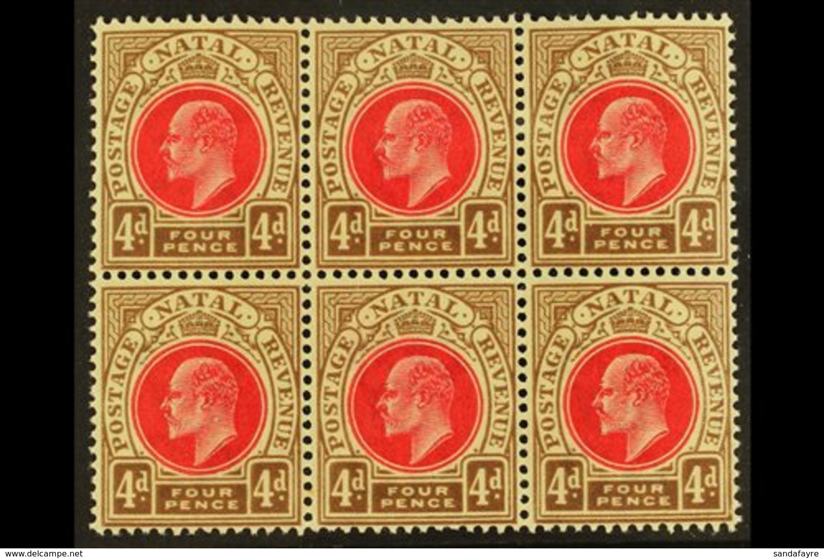 \Y NATAL\Y 1902-3 4d Carmine & Cinnamon, Wmk Crown CA , BLOCK OF SIX, SG 133, Very Slightly Toned Gum, Otherwise Never H - Non Classés