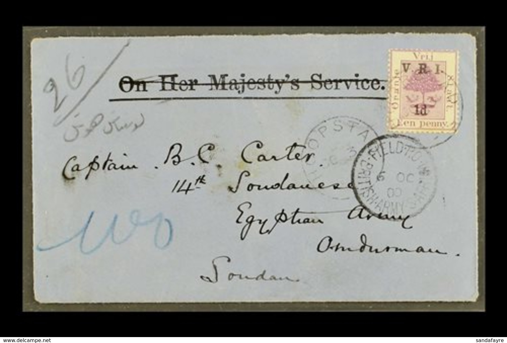 \Y ORANGE FREE STATE\Y 1900 COVER, Franked 1d On 1d "V.R.I." Ovpt, Pmkd HOOPSTAD 3.10.1900, Addressed To A "Captain B.C. - Unclassified