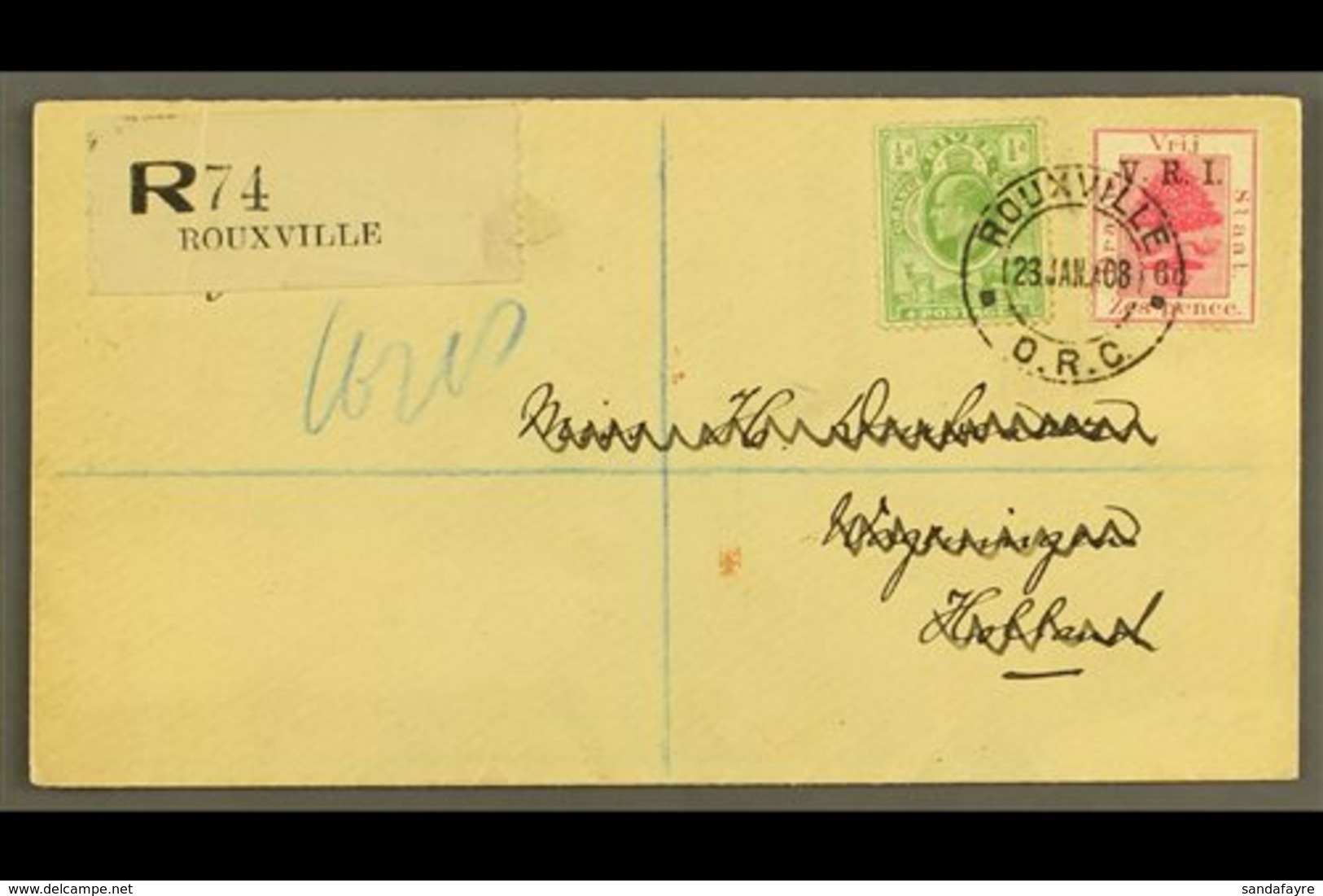 \Y ORANGE RIVER COLONY\Y 1908 Registered Cover From Rouxville To Holland (address Overwritten) Franked Ed VII ½d Green A - Unclassified
