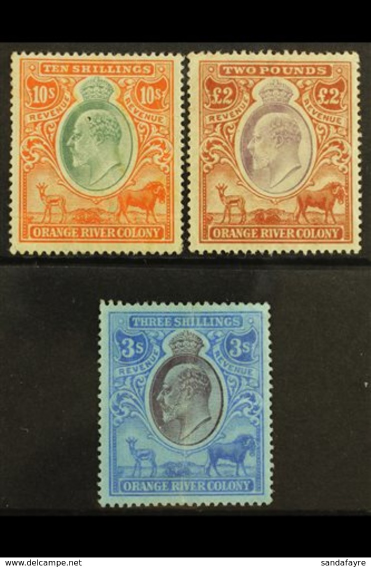 \Y ORANGE RIVER COLONY\Y REVENUES 1903 KEVII 10s Orange & Green, £2 Brown & Violet, Wmk Crown CC, 1905 3s Purple & Blue  - Unclassified